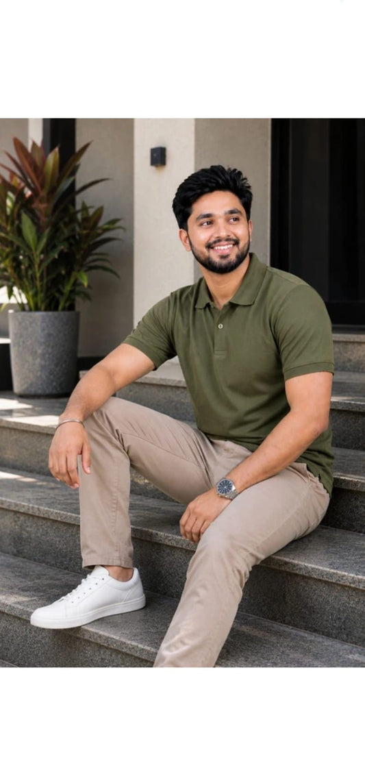 Olive Minimal Polo front view – Dynasty Originals